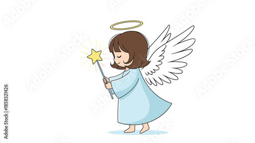 Cute little angel girl with white wings and a halo holding a golden magic wand with a glowing star on a white background.