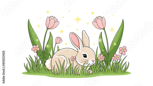 Adorable fluffy rabbit sitting in a lush green meadow surrounded by blooming pink tulips and sparkling magical dust in a cute style.