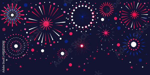 A vibrant display of red white and blue fireworks against a dark navy backdrop