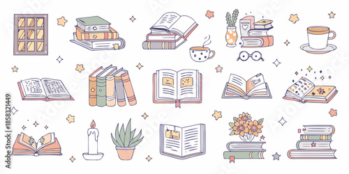 A collection of open and stacked books with decorative elements and a cozy feel