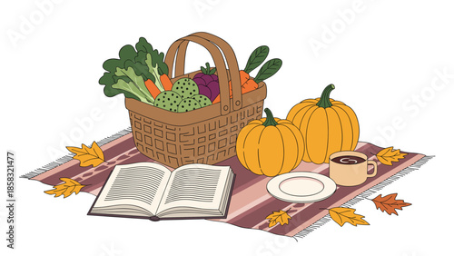 Cozy autumn picnic setup on a blanket with a basket of vegetables, pumpkins, a cup of coffee, and an open book among fall leaves.