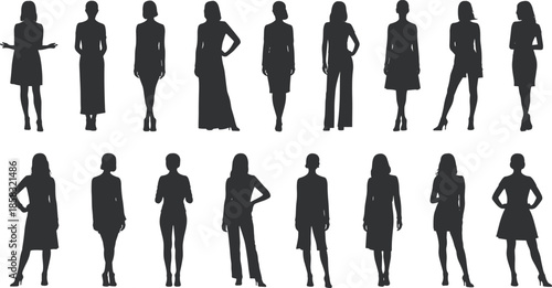 Diverse black silhouettes of people using technology, military aircraft sets, human evolution progress, and professional business women standing, isolated on white.
