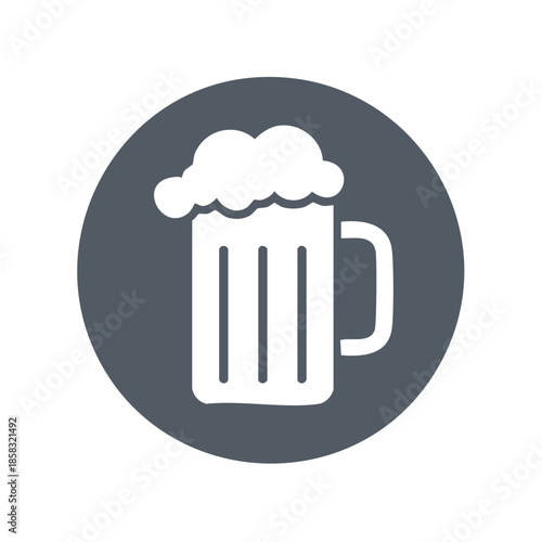 White Beer Mug Icon with Frothy Foam in a Gray Circle Depicts Beverage Refreshment