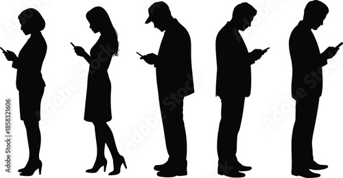 Black silhouettes of diverse people standing in a row using smartphones, mobile technology addiction concept, isolated on white background, social.