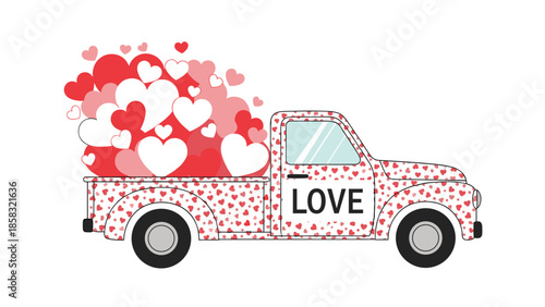 Cute vintage pickup truck decorated with a heart pattern and carrying a large load of red and white hearts for Valentine Day.