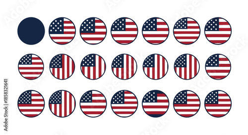Collection of circular flags of the united states of america, each with different orientations and designs, isolated on