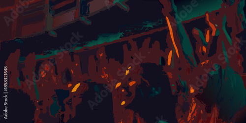 Abstract view of a dark blurred landscape with red and teal tones