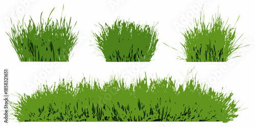 A collection of vibrant green grass clumps and patches isolated on white