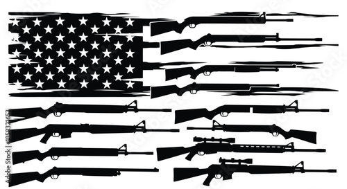 Collection of various rifles and a flag in black and white silhouette style