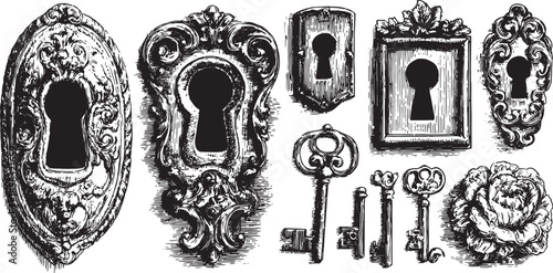 Vintage key and lock set with ornate details. Monochrome illustration showcasing classic design elements in vector format.