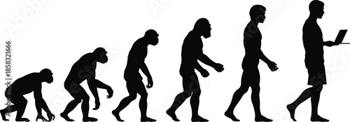Evolution of man from primate to modern human holding a laptop computer, black silhouette progress concept, isolated on white background.