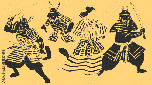 Samurai warriors depicted in action. Historical figures with swords and traditional armor in this black and white vector illustration.
