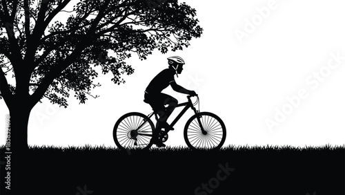 Silhouette of cyclist riding under tree, outdoor leisure, nature scene, helmet safety, grassy terrain, black and white vector illustration, peaceful moment