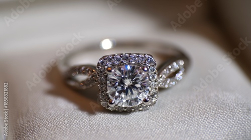 Close-up of a glamorous engagement ring featuring a sparkling square-cut center stone surrounded by smaller diamonds, set on a bright, delicate band