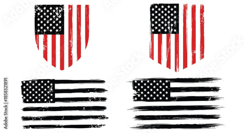 Four variations of the american flag with different textures and styles, including distressed and grunge effects, isolated on