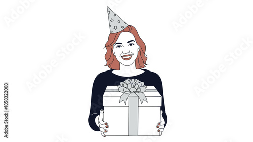 Smiling young woman wearing a starry party hat and holding a large white gift box with a silver bow for a special celebration.