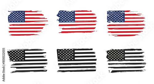 Six american flags with different distressed and torn effects, isolated on