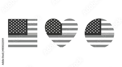 American flag heart shapes in grayscale, symbolizing patriotism and love for the country, isolated on