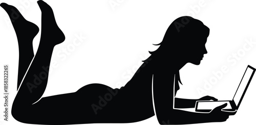 Silhouette of young woman lying on floor using laptop computer, female freelancer working from home, student studying online, remote business education digital lifestyle.