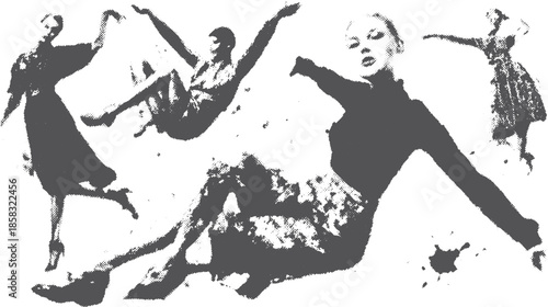 Dancer movement in black and white art style. Dynamic vintage photography vector illustration showcasing expressive silhouettes in a creative set.