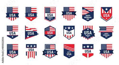 Collection of various usa flag badges and emblems with stars and stripes design