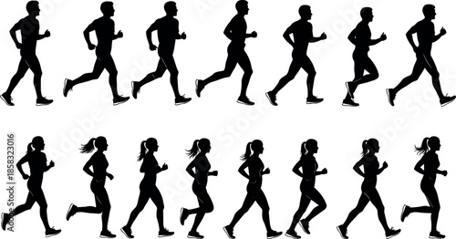 Silhouette set of male and female athletes running in sequence motion frames for fitness animation sports marathon and healthy lifestyle
