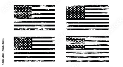 Four black and white american flag designs with distressed and grunge textures, vector illustration