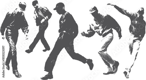 Dynamic dance movement figures in vintage style. Black and white vector illustration showcasing elegance in a stylized set of poses.