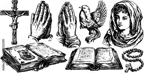Religious symbols including a cross, praying hands, a bird, and books in a vintage vector illustration set reflecting spiritual themes.