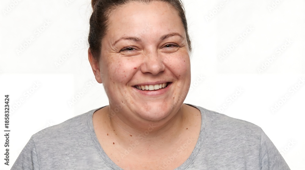 Obraz premium Warm smile and positive emotion: A cheerful and friendly person radiates genuine happiness, emanating warmth and positivity, her eyes conveying a sincere and inviting demeanor.