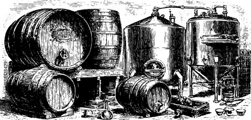 Engraving of antique barrels and distillery equipment. Hand-drawn vintage illustration of brewing vessels set in a rustic style.