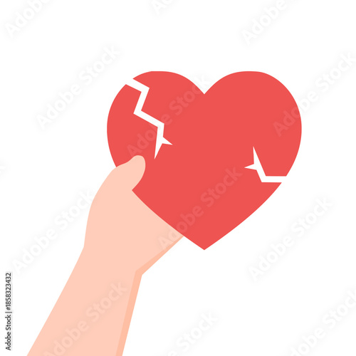 Hand holding broken heart. Relationship, dating, romance, feeling concepts. Flat vector design isolated illustration.