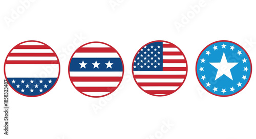 Four circular icons featuring the american flag with stars and stripes in different designs, isolated on