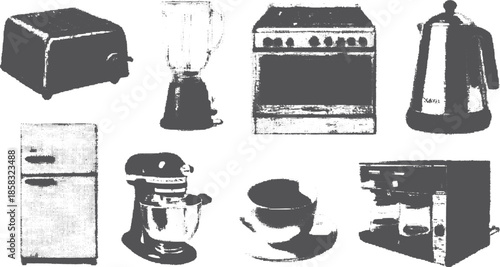 Kitchen appliances set: toaster, blender, stove, teapot, fridge, and more. Black vector illustrations in modern style for effective design use.