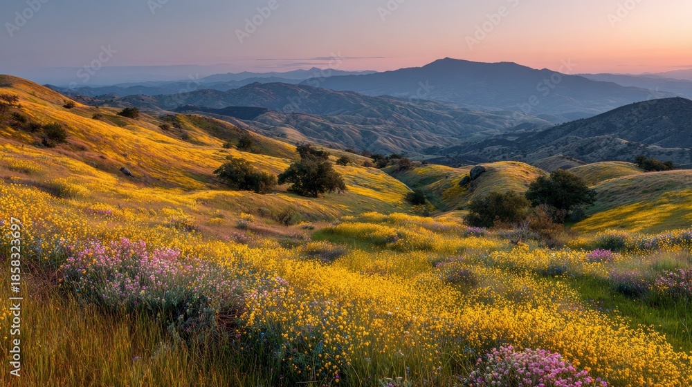 Fototapeta premium A breathtaking landscape bathed in the warm glow of dusk. Rolling hills covered in vibrant wildflowers stretch toward majestic mountains