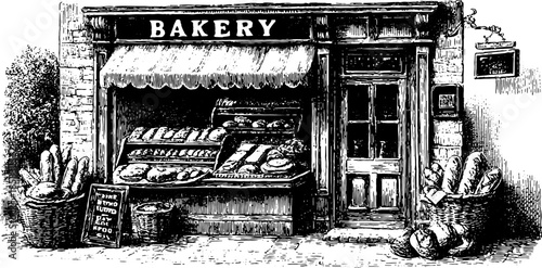 Vintage bakery store silhouette featuring bread and pastries outside the shop in a classic retro style. Black outline vector illustration captures the essence of a traditional shop.