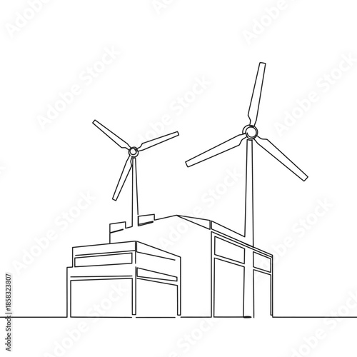 A minimalist continuous line drawing illustrates a modern building powered by two large wind turbines, symbolizing sustainable energy and environmental responsibility.