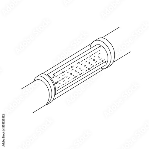 A precise line art illustration of a cylindrical filter or flow regulator, highlighting its internal mechanism and connection within a pipe system, perfect for engineering schematics.