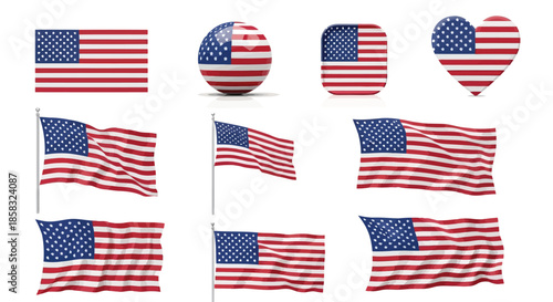 Collection of american flags in various shapes including circles, hearts, and waving flags, isolated on