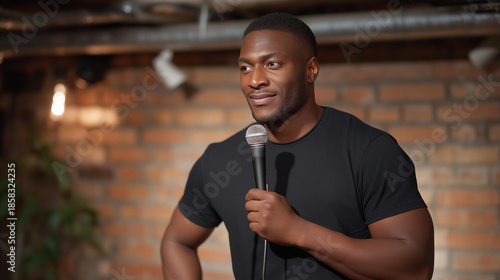 Wallpaper Mural A stand-up comedian stepping into a bright spotlight on a small brick-walled stage, gripping the mic as the room hushes in anticipation of the first punchline. cinematic color correction, natural Torontodigital.ca