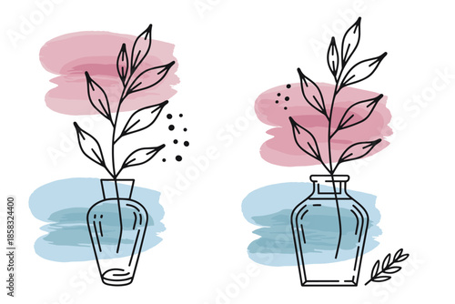 Minimalist Line Art of Plants in Vases with Watercolor Splashes Keywords: minimalist, line art, plants, vases, watercolor splashes, pink, blue