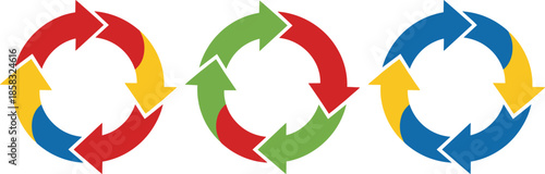Circular arrow cycle, process flow diagram, colorful loop stages, iterative workflow symbols, business infographic set - flat vector illustration
