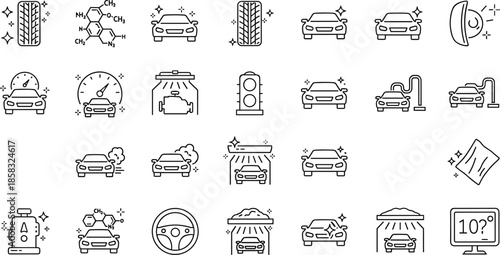 Car maintenance icons, auto diagnostic symbols, vehicle cleaning graphics, spark detail set, mechanical service elements - flat vector illustration