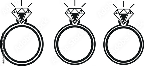 Diamond ring icons, engagement jewelry symbols, wedding sparkle line art, bridal accessory set, black and white design - flat vector illustration
