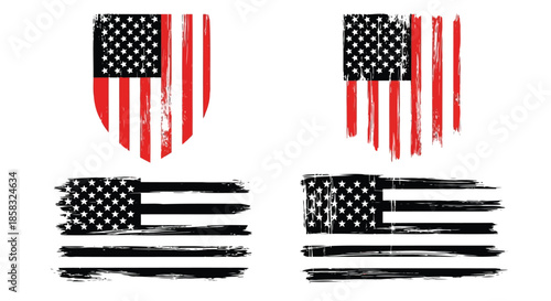 Distressed and torn american flag design with red, white, and black colors, symbolizing patriotism and resilience