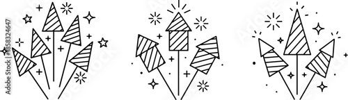 Firework rocket icons, celebration sparkles, festive launch graphics, holiday explosion symbols, party event elements set - flat vector illustration