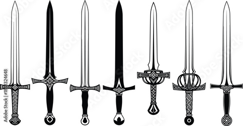 Fantasy swords lineup, medieval blades, ornate hilts, weapon design, knight gear, historical armory, steel craftsmanship – flat vector illustration