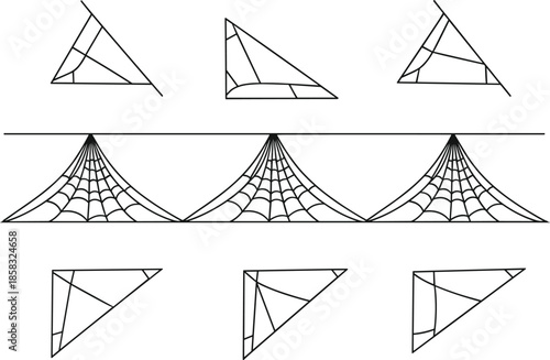 Geometric puzzle with triangles, spider webs, line patterns, visual matching game, spatial reasoning challenge – flat vector illustration