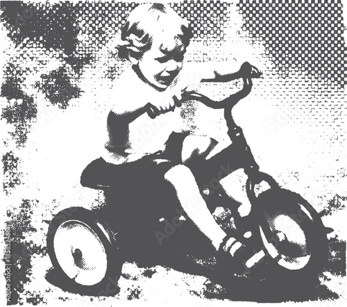 Child riding a tricycle in a black and white vector illustration. A joyful moment capturing childhood activities in a simple style.