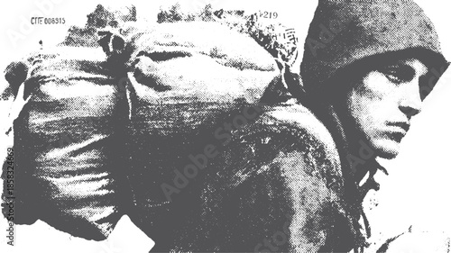 Man in a military hat carrying a bag in a monochrome style. Candid portrait vector illustration in an outdoor setting.